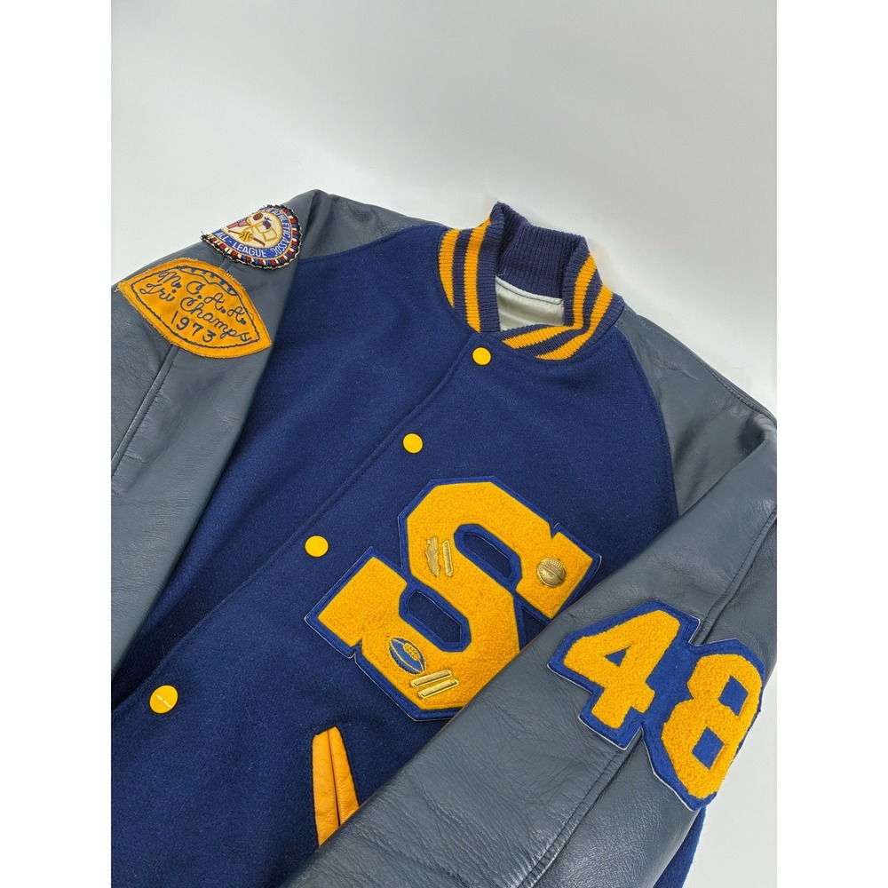 Vintage All American Varsity Jacket Navy Blue Grey 1973 Tri-Champs Size 42